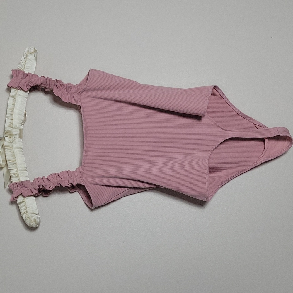 Sunday Best Pink Ruffled Strap Ribbed One-Piece Bodysuit - Picture 4 of 5